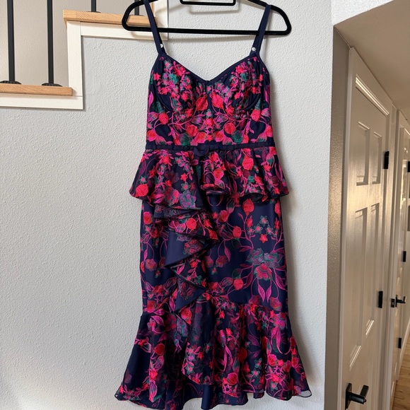 Marchesa Notte Pink and Navy Floral Bustier Top Peplum Dress - Picture 2 of 11